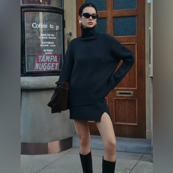 Commense Plain Ribbed Split Sweater Skirt Set - Picture 2 of 15